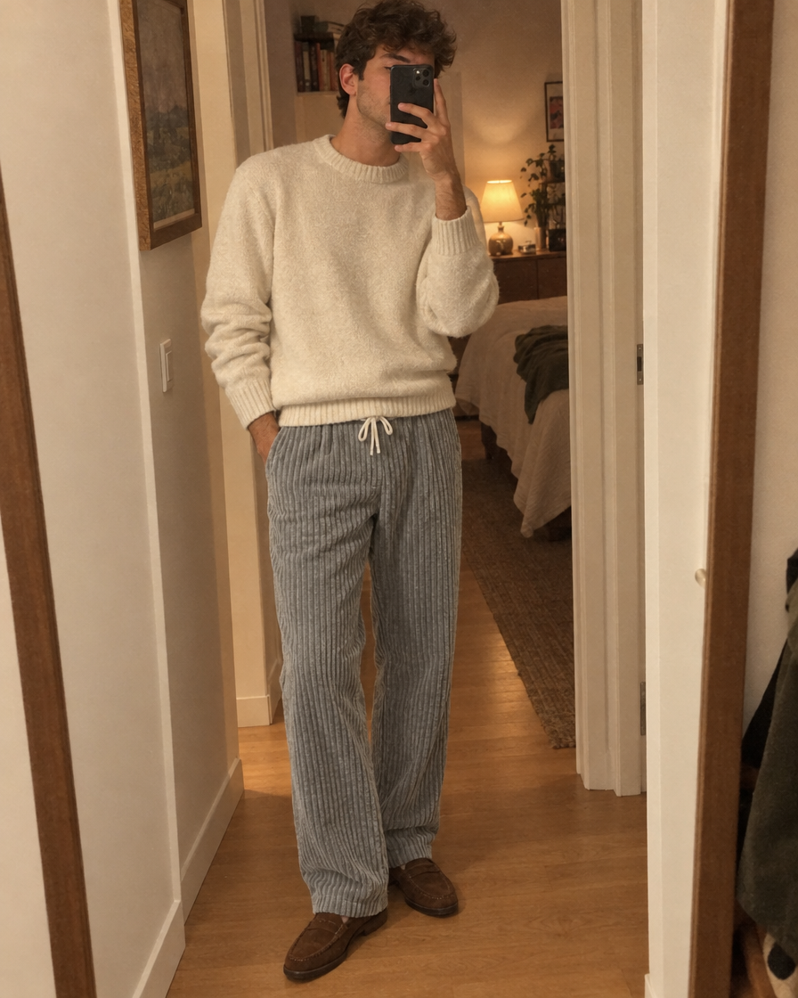 Pantalón Pana Denver con jersey crudo y mocasines