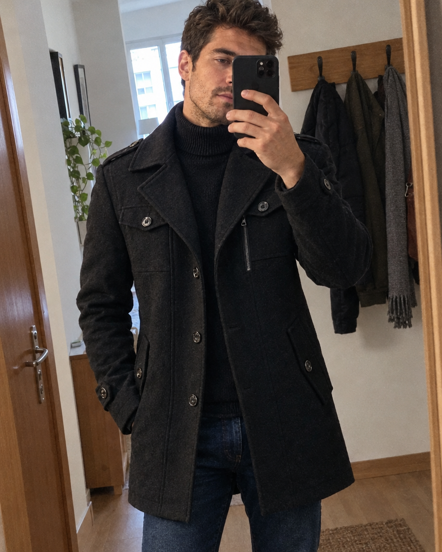 Abrigo Harvard con cuello alto oscuro y vaqueros
