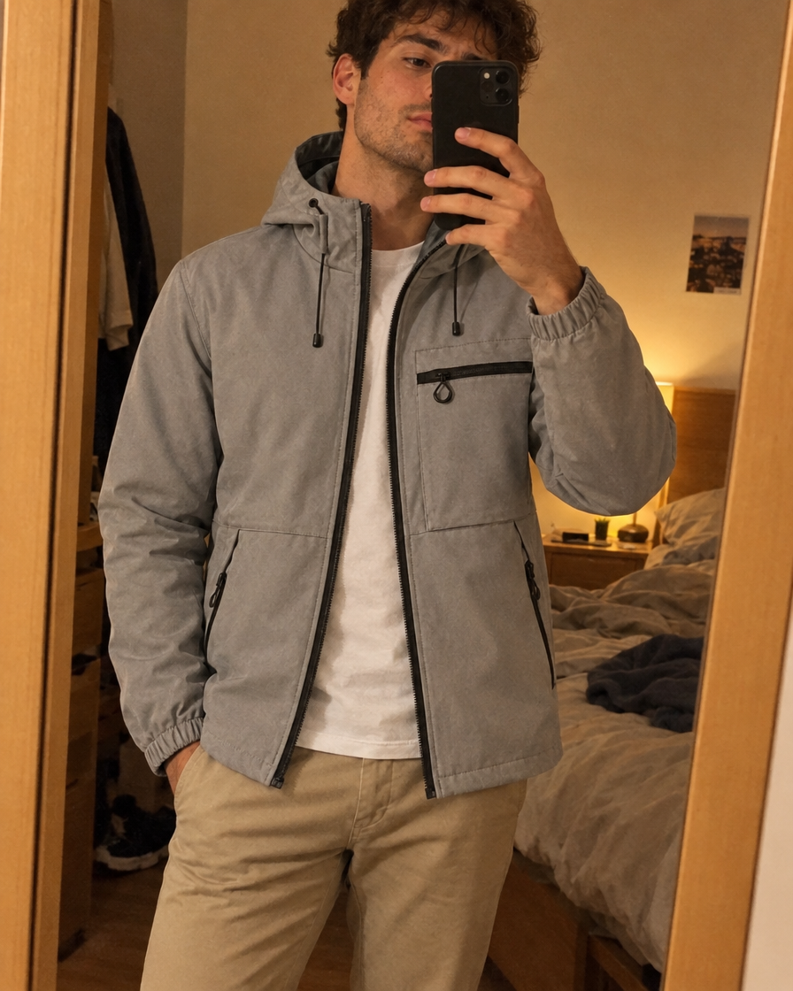Chaqueta Vortex con camiseta blanca y chinos