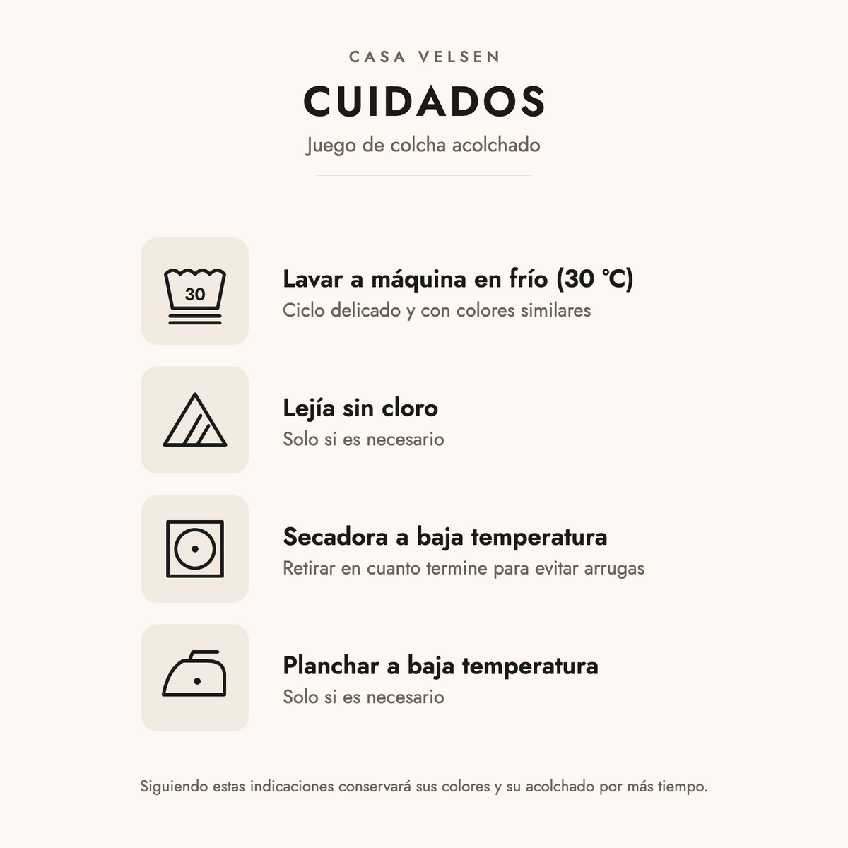 Instrucciones de cuidado del juego de colcha