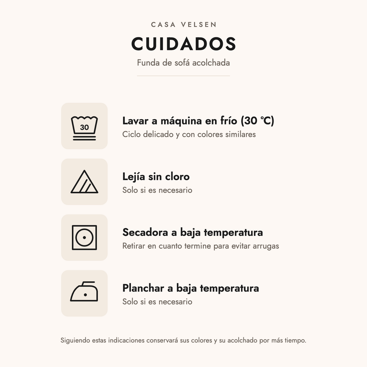Instrucciones de cuidado de la funda de sofá