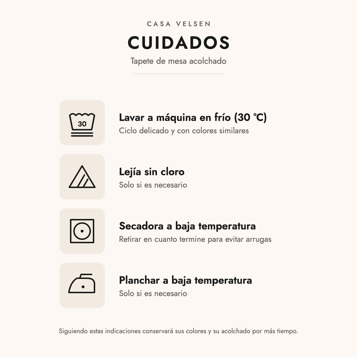 Instrucciones de cuidado del tapete de mesa