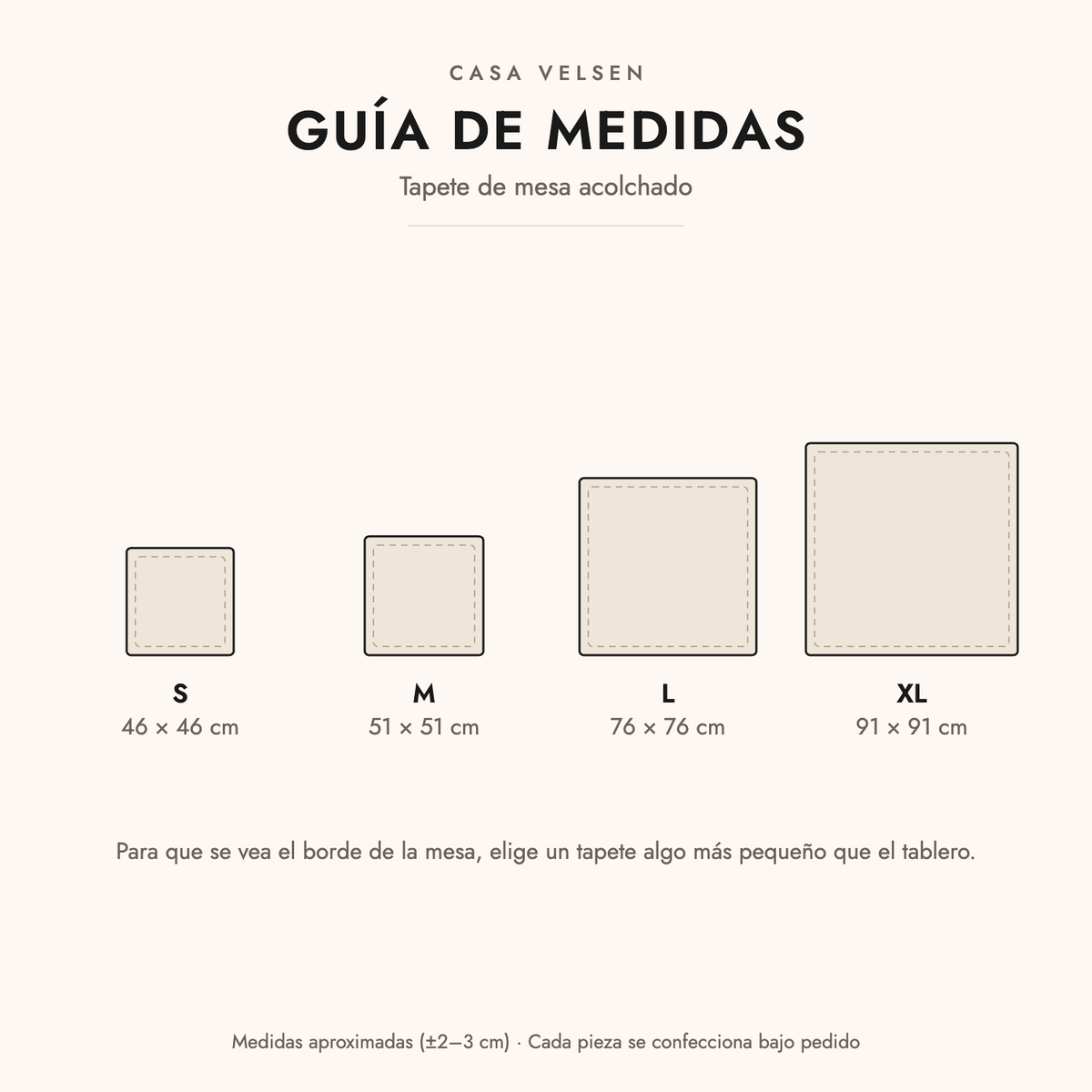 Guía de medidas del tapete de mesa