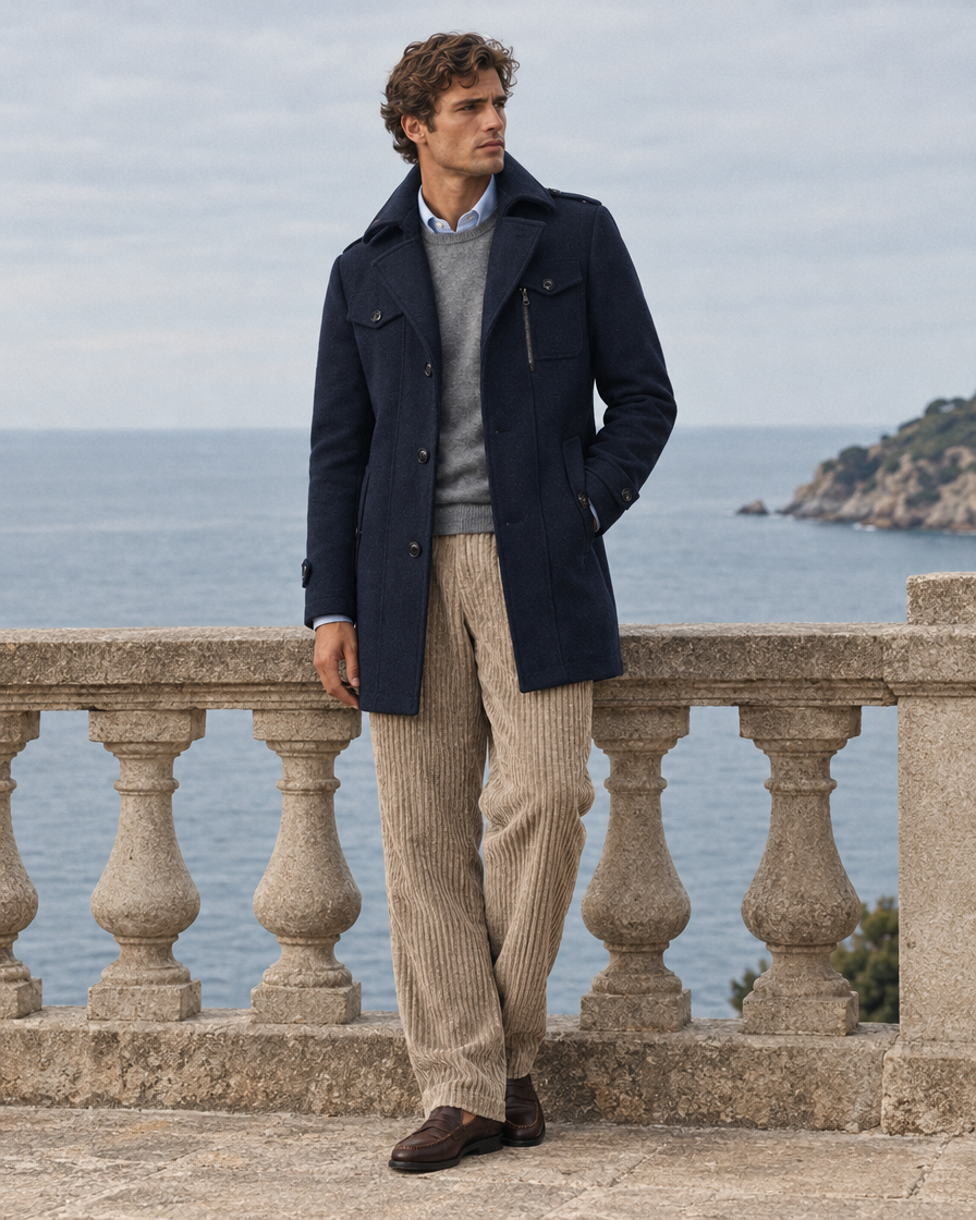 Abrigo Harvard azul marino con Pantalón Pana Denver caqui